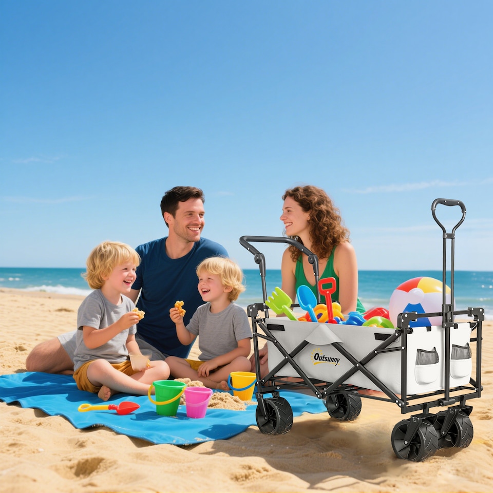 image 1 of Outsunny 120L Festival Trolley on Wheels, Folding Camping Trolley Cart with Removable Canopy, AllTerrain Wheels, Adjustable Handle, Push or Pull for Garden Beach Fishing Shopping, Grey