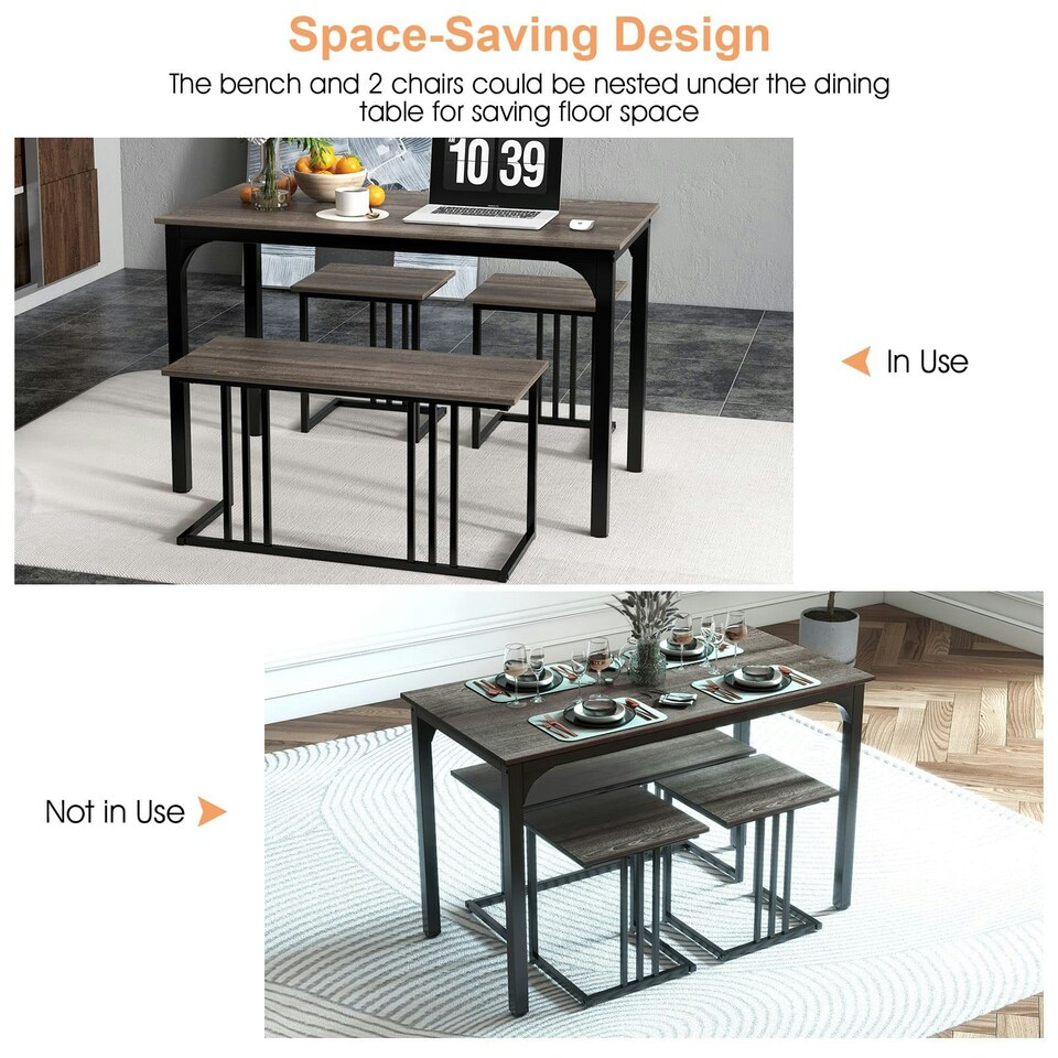 image 1 of COSTWAY 4-Piece Dining Table Set W/ Bench & 2 Stools Grey