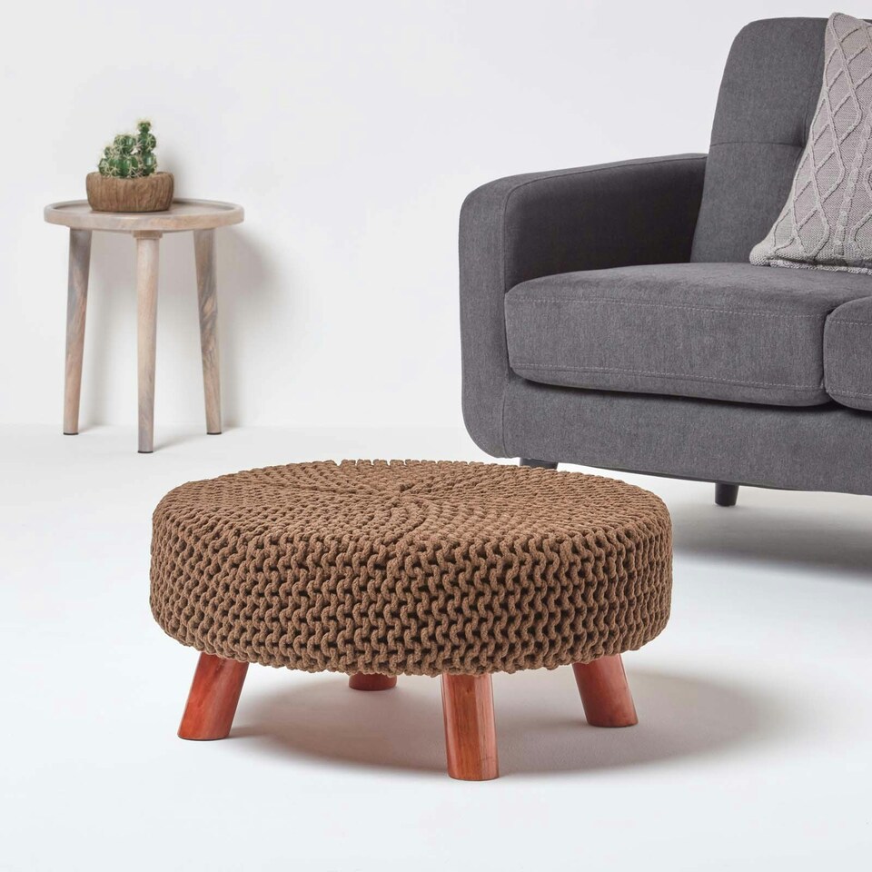 image 1 of Homescapes Chocolate Brown Large Round Cotton Knitted Footstool on Legs
