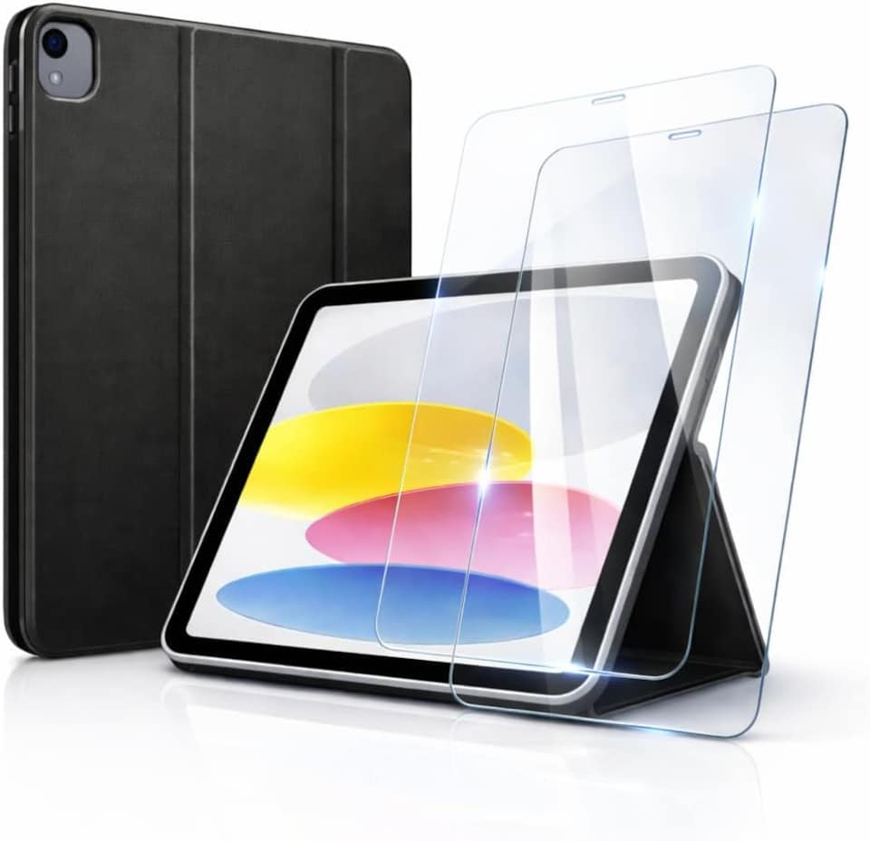 image 1 of KAV Black iPad Case with 2 Tempered Glass for iPad A16 11th Gen 11 Inch 2025 and iPad 10th Gen 10.9 Inch 2022 Auto Sleep Wake Trifold Stand Slim Shockproof Cover HD Clear Screen Protector
