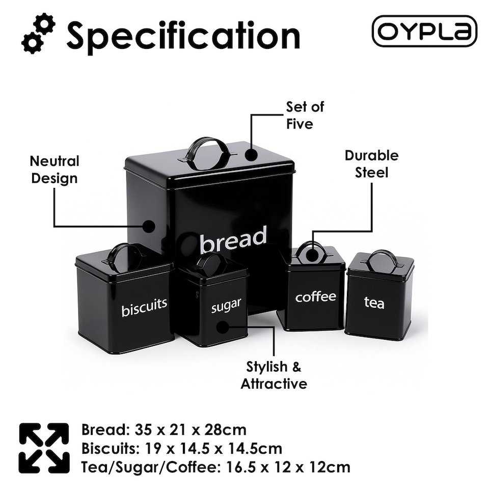 image 1 of 5pc Black Kitchen Canister Set Bread Biscuits Tea Sugar Coffee | Black