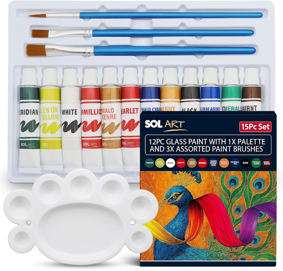 image 1 of 12pc Glass Paint Set with Palette & 3 Brushes – Vibrant Paints for Glass, Jars, Mirrors, Frames, Candle Holders & Creative Crafts