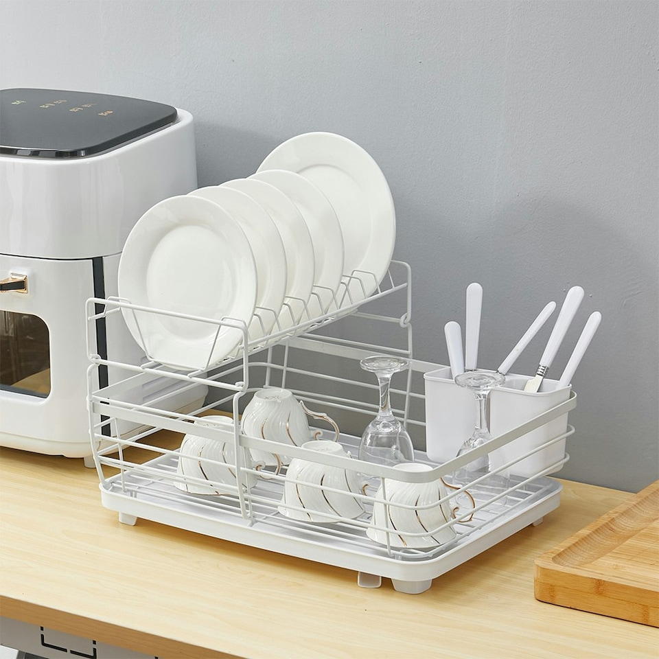 image 1 of Living and Home 2-Tier Metal Dish Rack Drainer with Utensil Holder - White