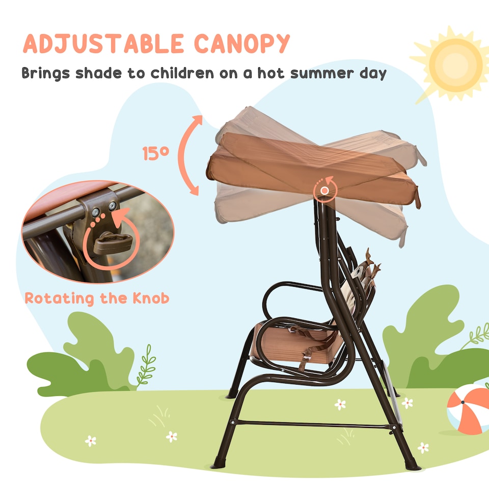 image 1 of Outsunny 2 Seat Kids Canopy Swing Chair w Adjustable Awning, Seatbelt - Brown