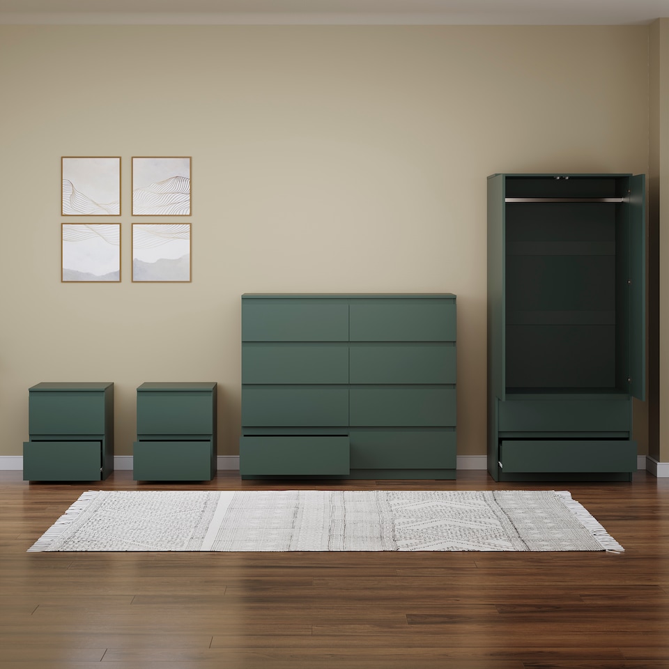 image 1 of Vida Designs Denver 4 Piece Bedroom Set (2 Drawer Large Bedside Chest, 8 Drawer Chest, 2 Door 2 Drawer Wardrobe), Green | Green | Green | L | 4