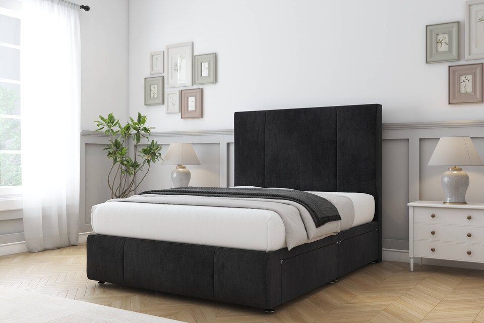 image 1 of Sloomy Lisbon Black Naples Divan Bed With Mattress 2 Drawers Left Side With 26" Strutted Headboard & 12" Matching Footboard 4'6 Double | Black | Black | Double | 1
