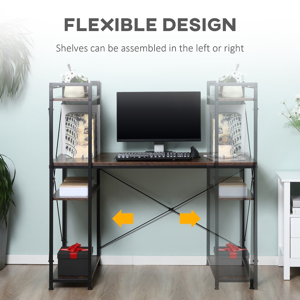 image 1 of HOMCOM Reversible Computer Desk with Storage Shelves on Left or Right, Industrial Reversible Writing Desk for Home Office, Study, Easy Assembly, 120 x 64 x 121cm, Rustic Brown and Black