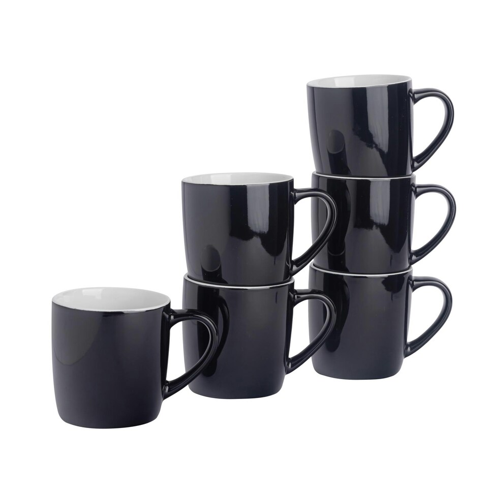 image 1 of Argon Tableware 6x Coloured Coffee Mugs - Black - 350ml - Tea Mug Latte Mug Cappuccino Mug Drinking Mug Black