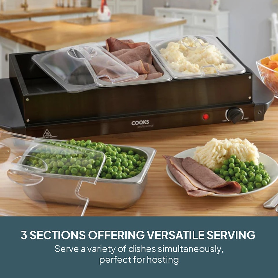 image 1 of Cooks Professional 3-Section Buffet Warmer 4.5L with Hotplate Function | Black | Black | 1