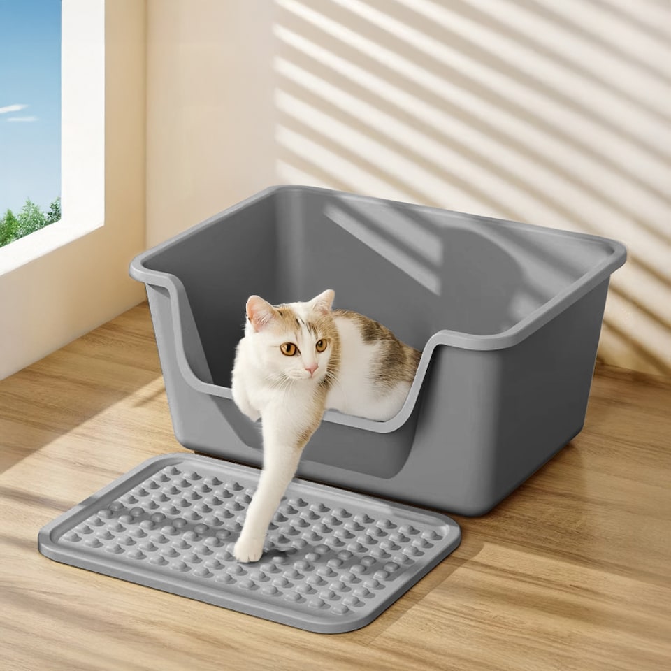 image 1 of Living and Home Open Top Cat Litter Box with Cat Litter Mat | Grey