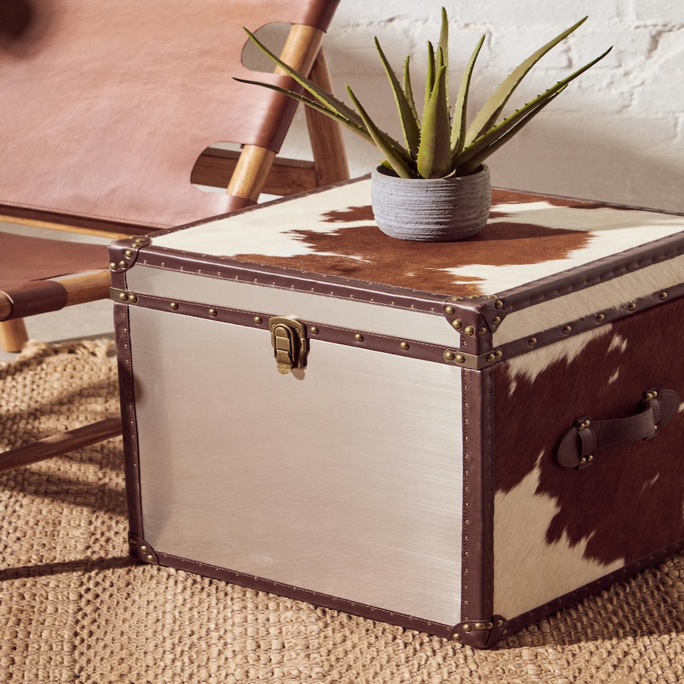 image 1 of Interiors By Premier Brown & White Genuine Cowhide Storage Trunk Set,Chest Boxes With Toggle Latches,Trunk With Real Leather Trim Brown