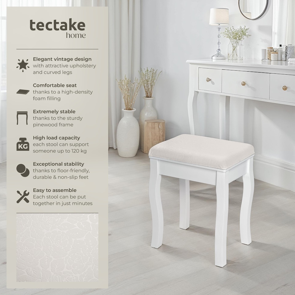 image 1 of Dressing Table Stool - padded, with solid wood legs, rose pattern