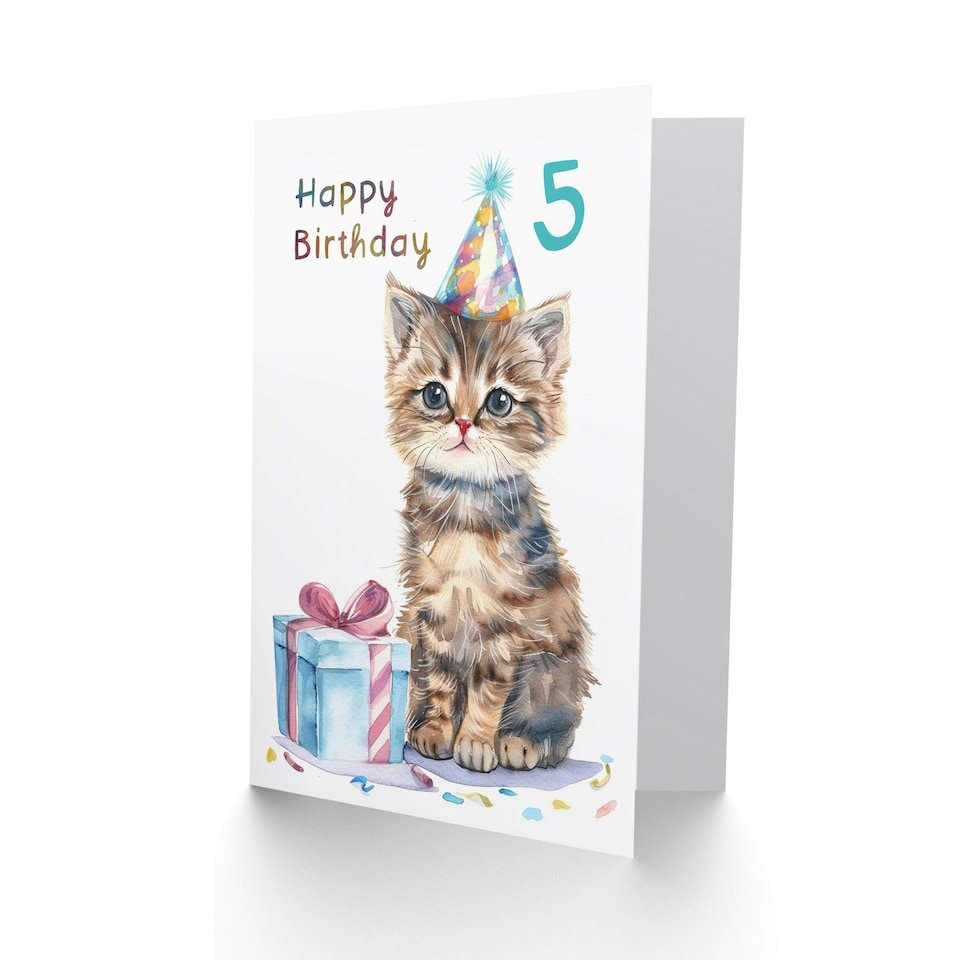 image 1 of 5th Cute Baby Cat Kitten Party Hat Kids Age 5 Year Old Child Birthday Card
