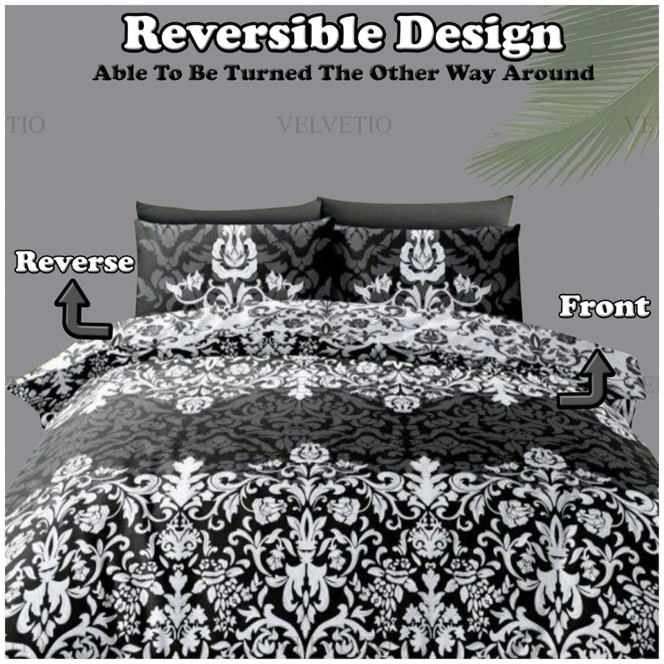 image 1 of VELVETIO Casablanca Damask Complete Duvet Cover Set with Fitted Sheet Soft Printed Bedding Bedset Black | King