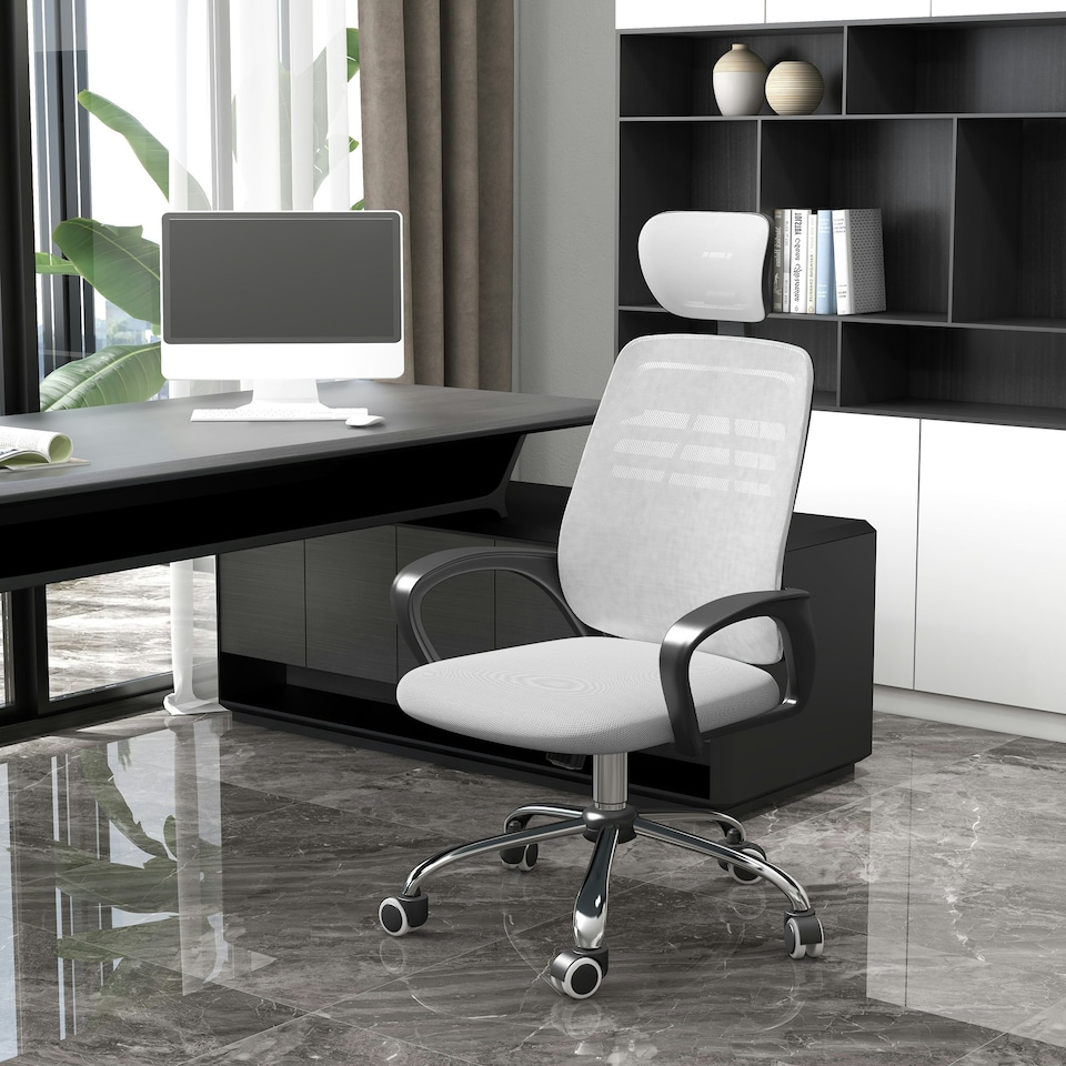 image 1 of Vinsetto Mesh Office Chair, Computer Chair with Rotatable Headrest, Grey