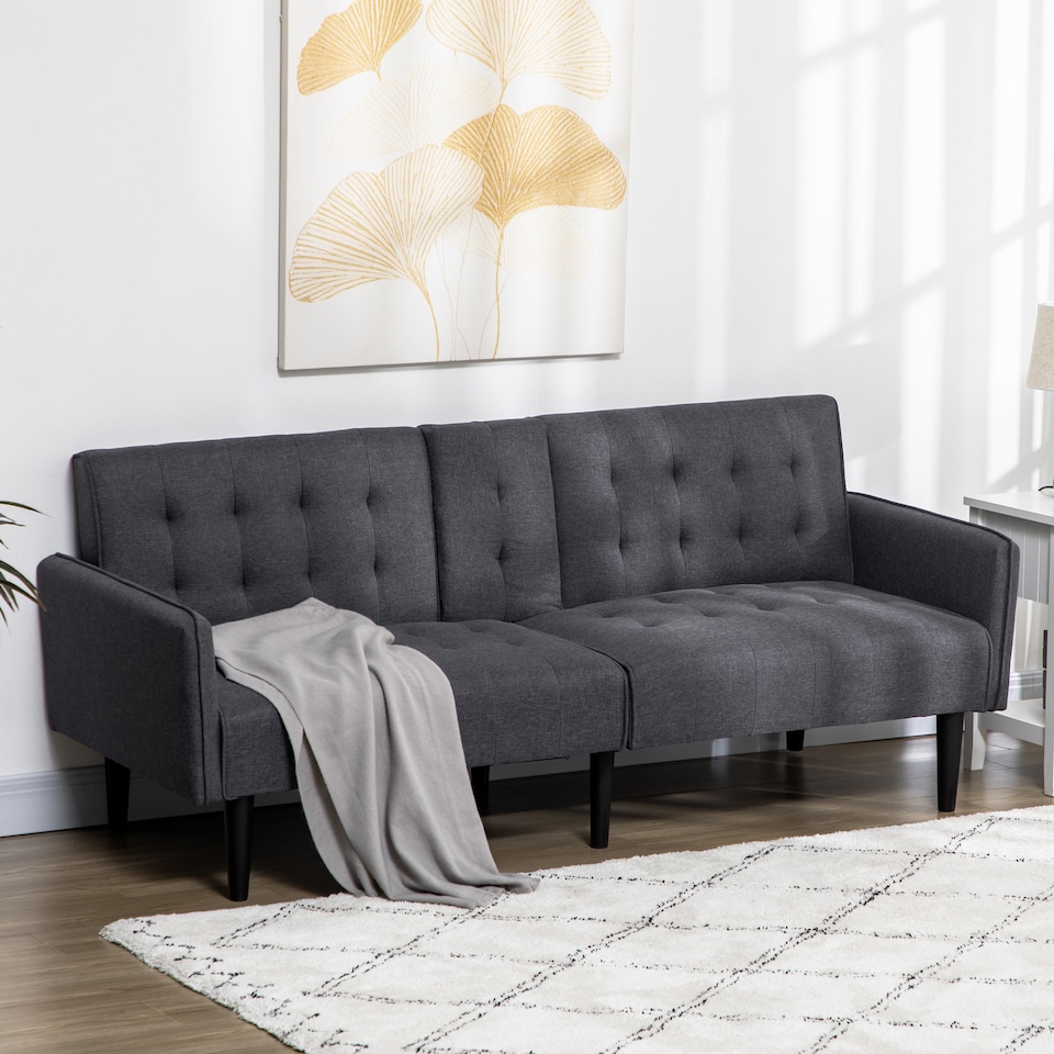 image 1 of HOMCOM Click Clack Sofa Bed, Linen-Feel Fabric 3 Seater Sofa for Living RoomSpare RoomGuest Room, Bed Settee with Cup Holders, Grey