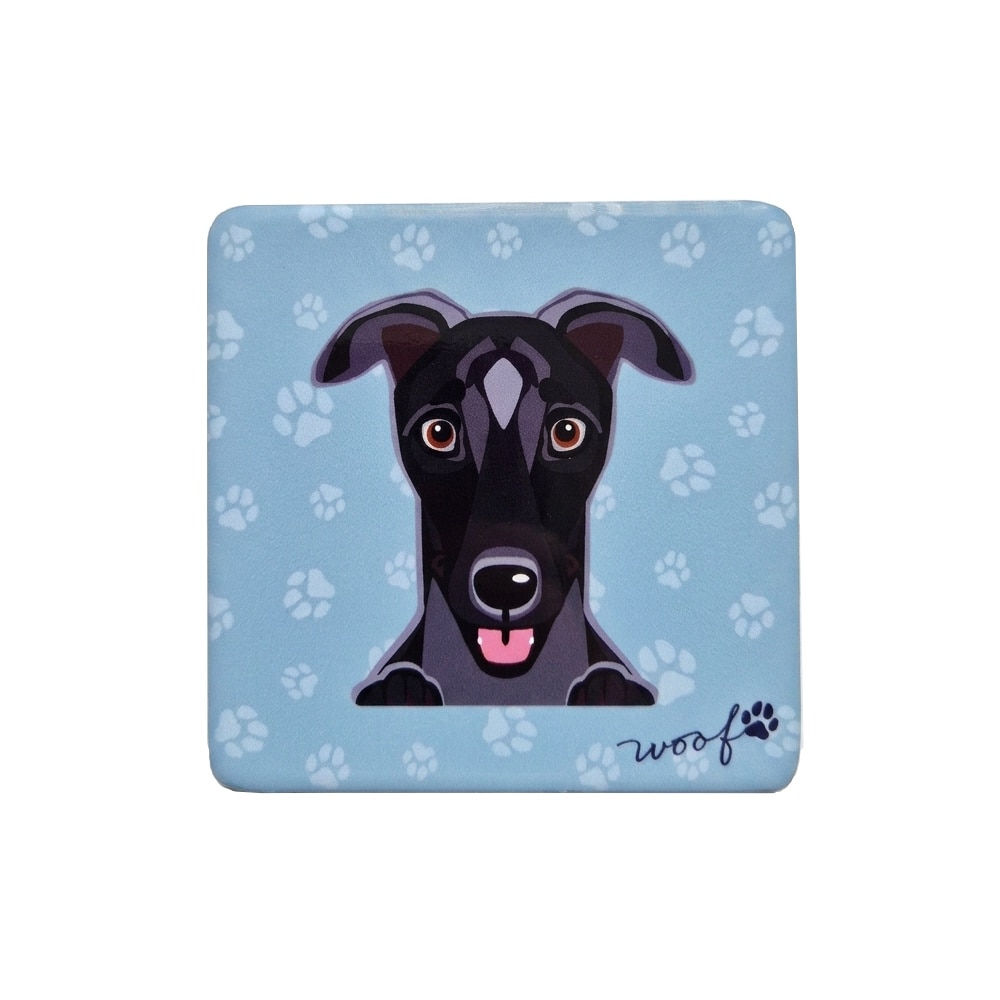 Mulberry Studios Pet Drinks Coaster Black Whippet in Blue
