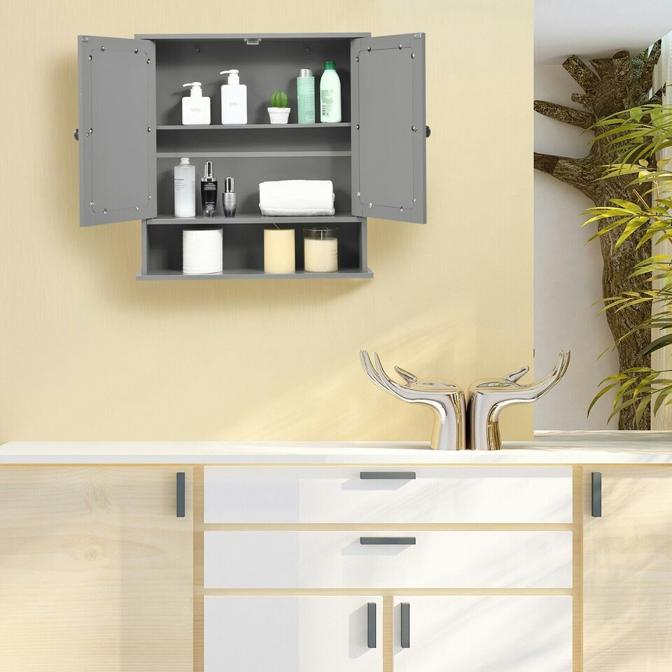image 1 of COSTWAY Wall Mounted Bathroom Mirror Cabinet Storage Grey Grey