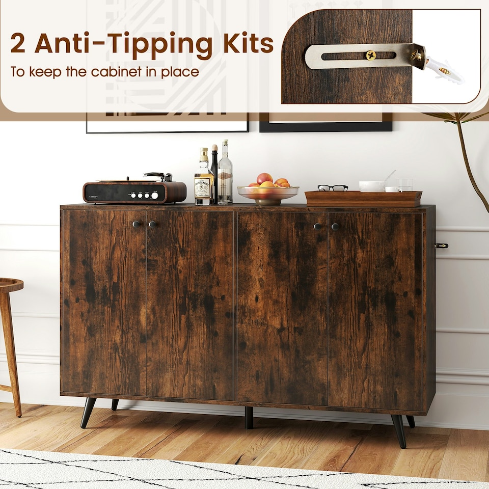 image 1 of COSTWAY Buffet Sideboard Modern 4-Door Storage Cabinet Brown Brown