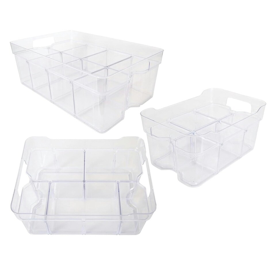 image 1 of 3 x Large (55x35x12.5cm) Stackable Modular Adjustable Plastic Compartment Organisers For Food, Crafts & Makeup Clear