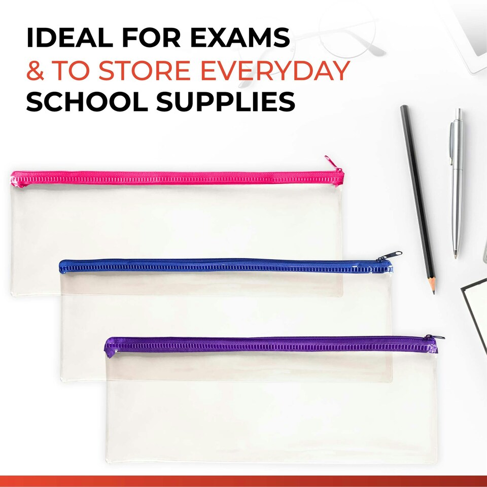 image 1 of Pack of 48 Janrax 13x5" Blue Zip Clear Exam Pencil Case