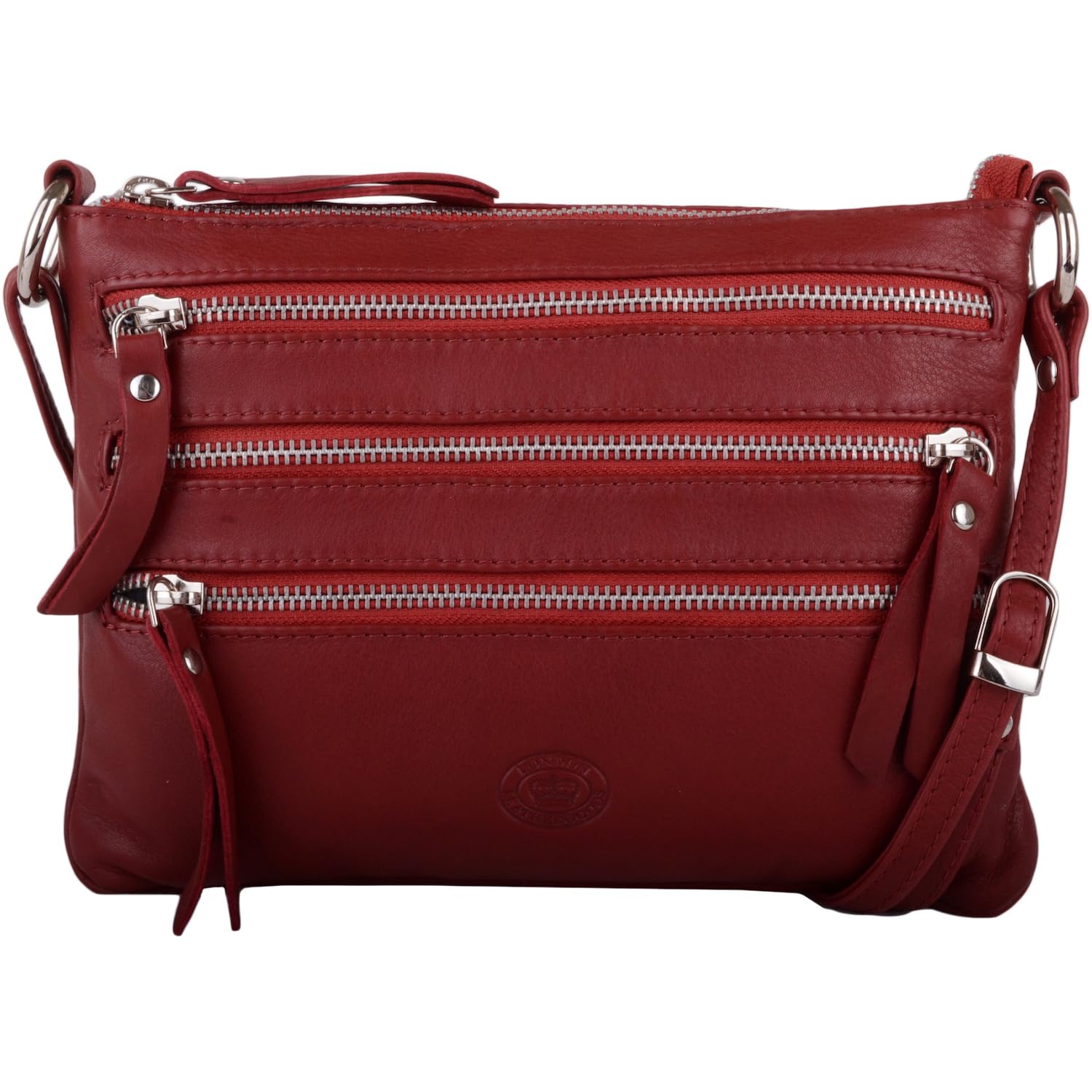 London Leathergoods Womens Premium Soft Genuine Leather Cross Body / Shoulder Bag Red Dark Red
