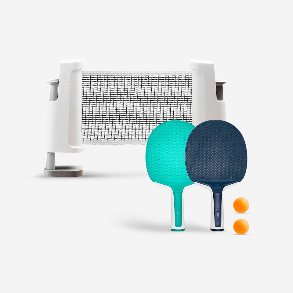 image 1 of Decathlon Table Tennis Set with Posts, Adjustable Rollnet, 2 Bats and 2 Balls - White/Grey