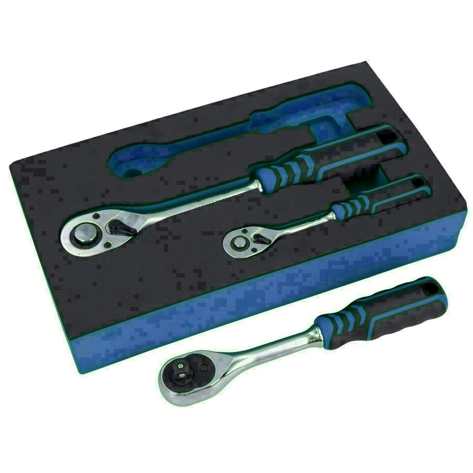 image 1 of 1/4in 3/8in 1/2in Drive Ratchets Straight Handle 90 Teeth Quick Release 3pc Set