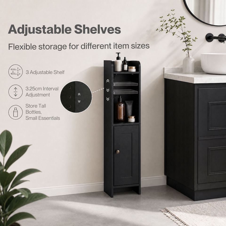 image 1 of Levede Bathroom Cabinet Slim Corner Storage Adjustable Shelves PB MDF Black