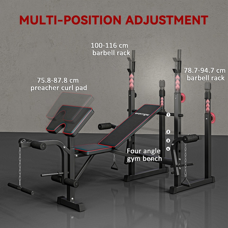 image 1 of SPORTNOW Weight Bench with Two Barbell Racks, Preacher Curl Bench