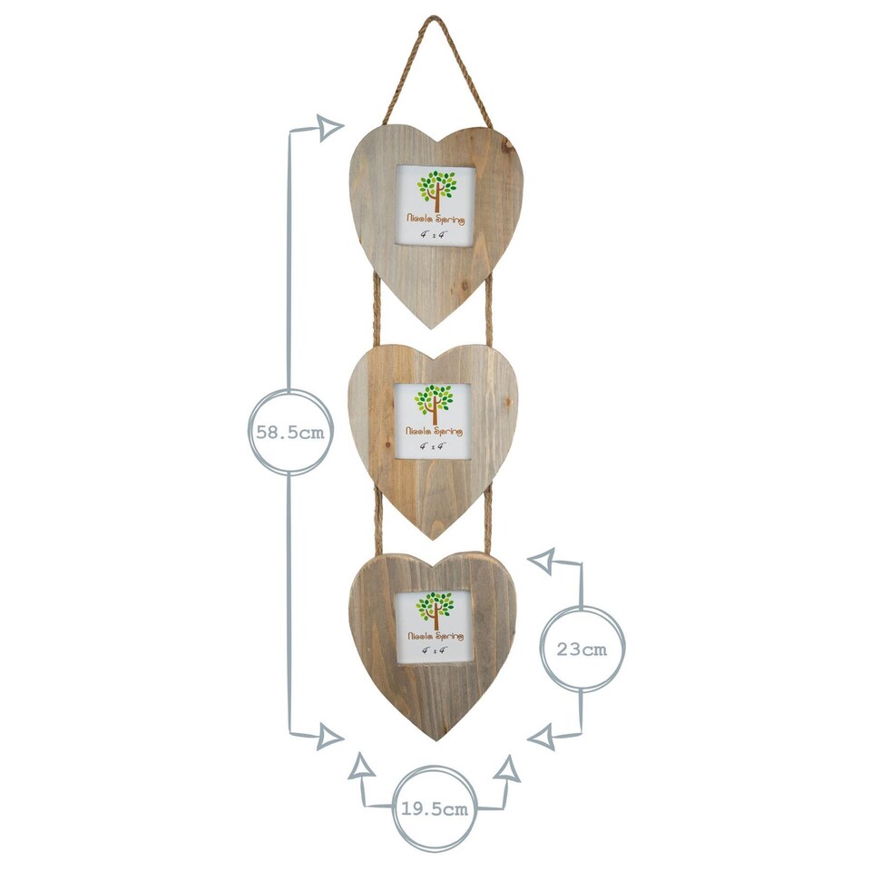 image 1 of Nicola Spring Rustic Hearts Hanging 3 Photo Frame - 4 x 4" - Natural