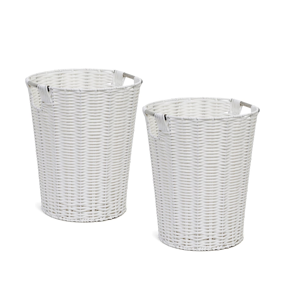 image 1 of White Resin Round Waste Paper Bin – Strong Woven Storage Basket Rubbish Bin for Home, Office, Hotel, Bedroom & Bathroom