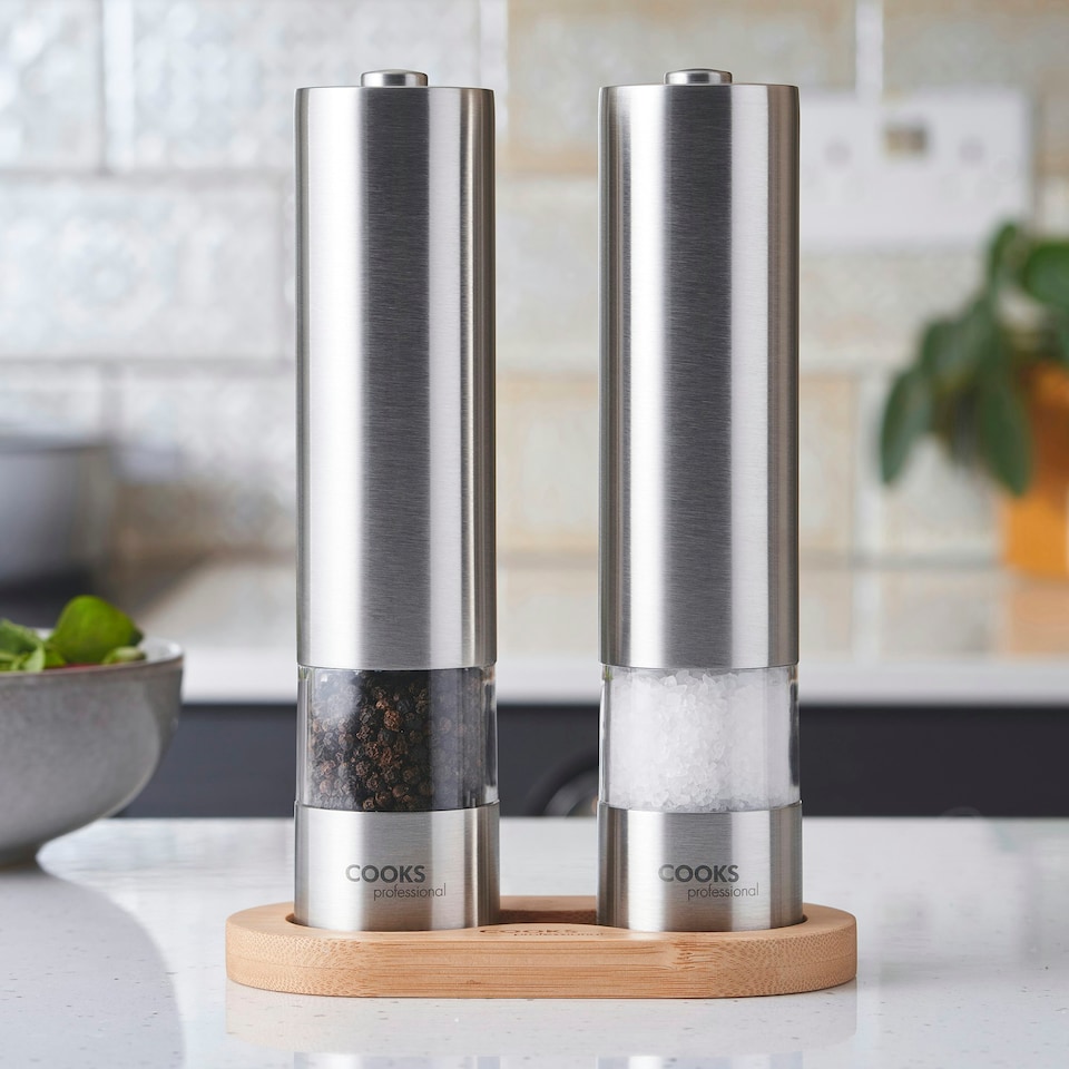 image 1 of Cooks Professional Electric Salt & Pepper Mill Set with Bamboo Base | Adjustable Grind Settings | Simple One-Button Operation | Stainless Steel / Bamboo