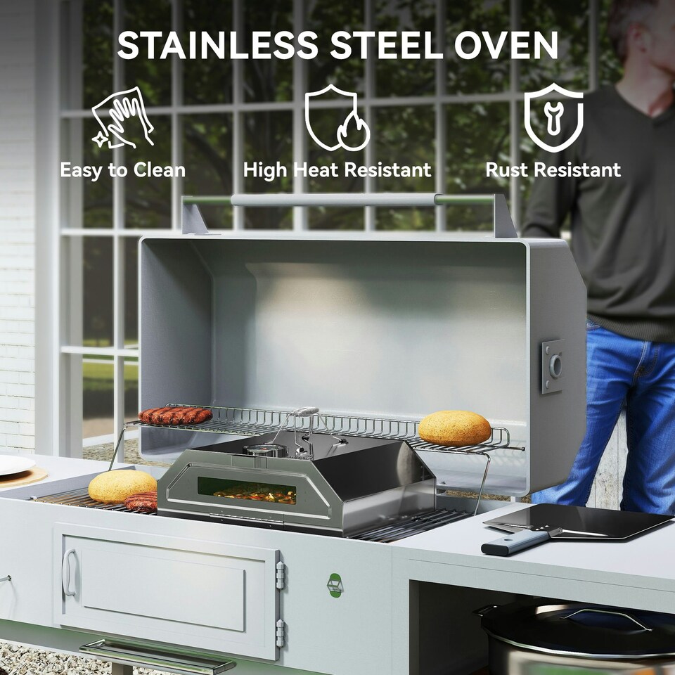 image 1 of Outsunny Outdoor BBQ Pizza Oven with Thermometer for Gas/Charcoal BBQ Grills