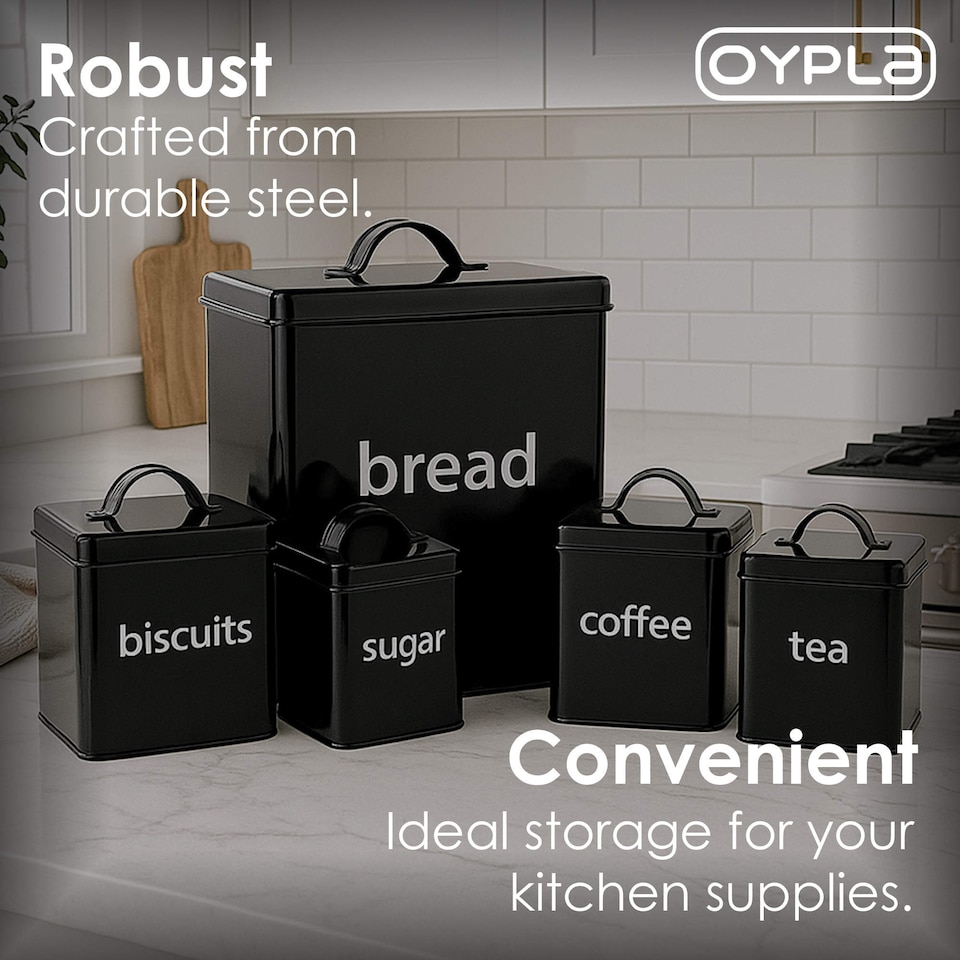 image 1 of 5pc Black Kitchen Canister Set Bread Biscuits Tea Sugar Coffee | Black