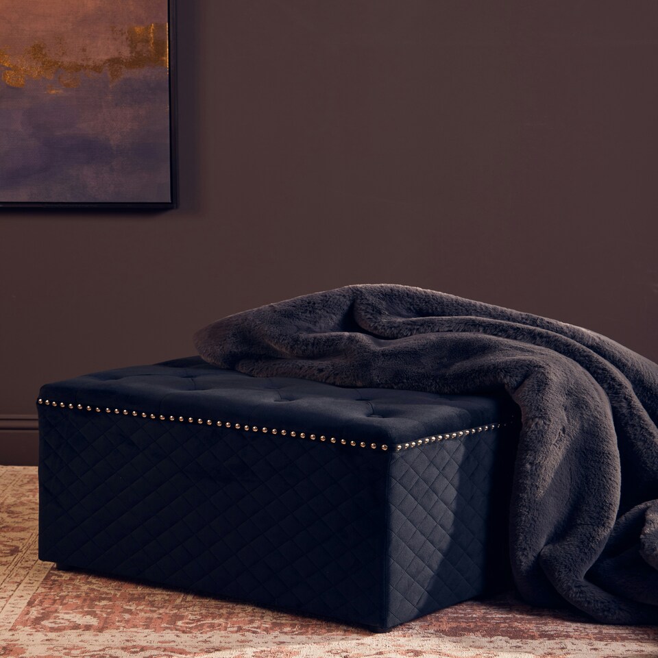 image 1 of Interiors by Premier Square Black Velvet Ottoman, Stylish Padded Velvet Footstool, Compact Upholstered Pouffe for Living Room Black