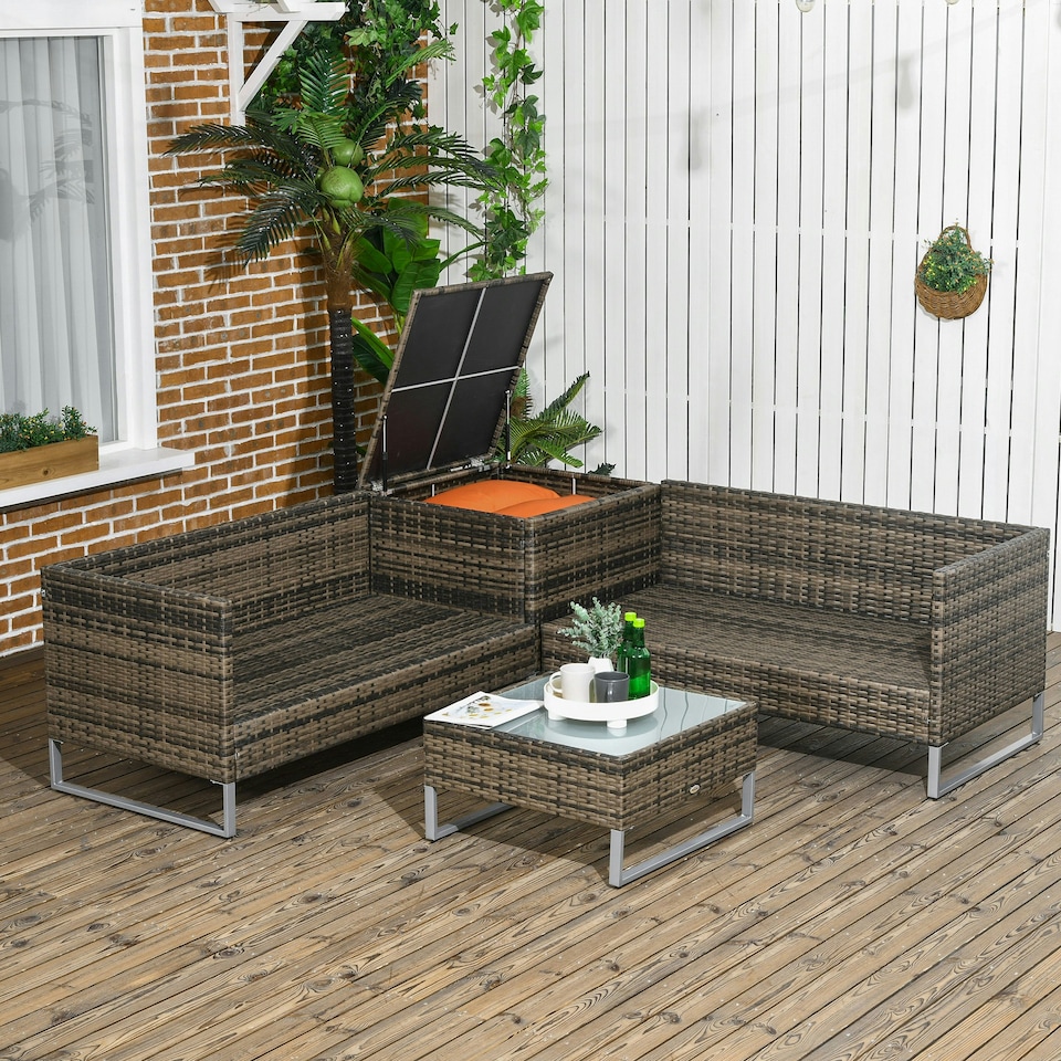 image 1 of Outsunny 4Pcs Patio Rattan Sofa Garden Furniture Set with Table Cushions Orange