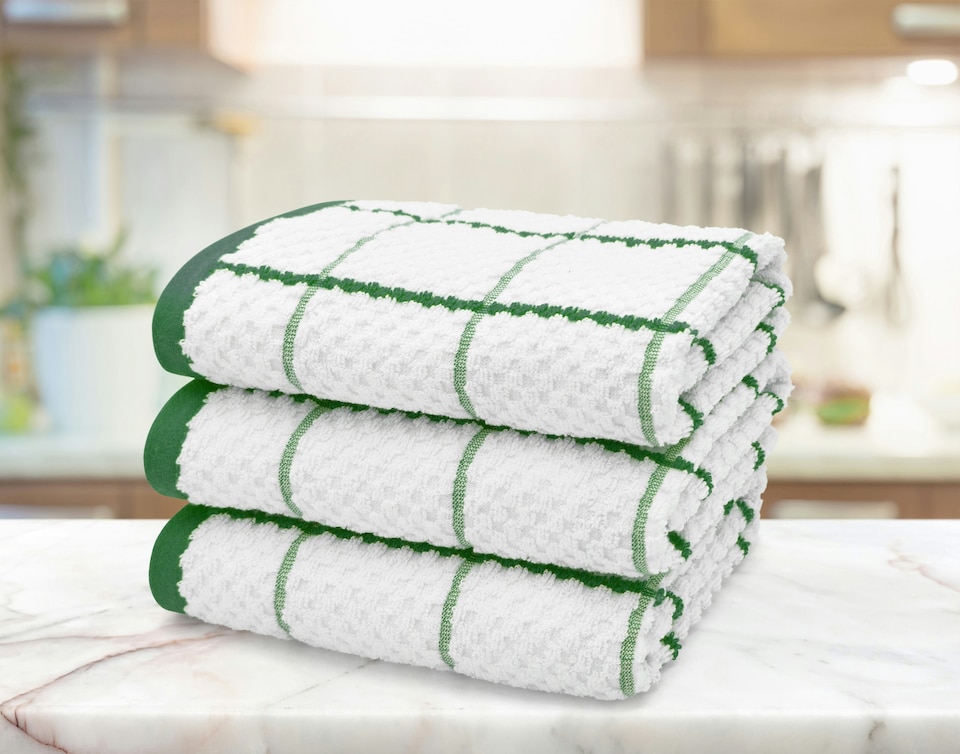 image 1 of Velosso Embroiderd Woven Checked Cotton Tea Towel 3 Pack | Green | Emerald | One size