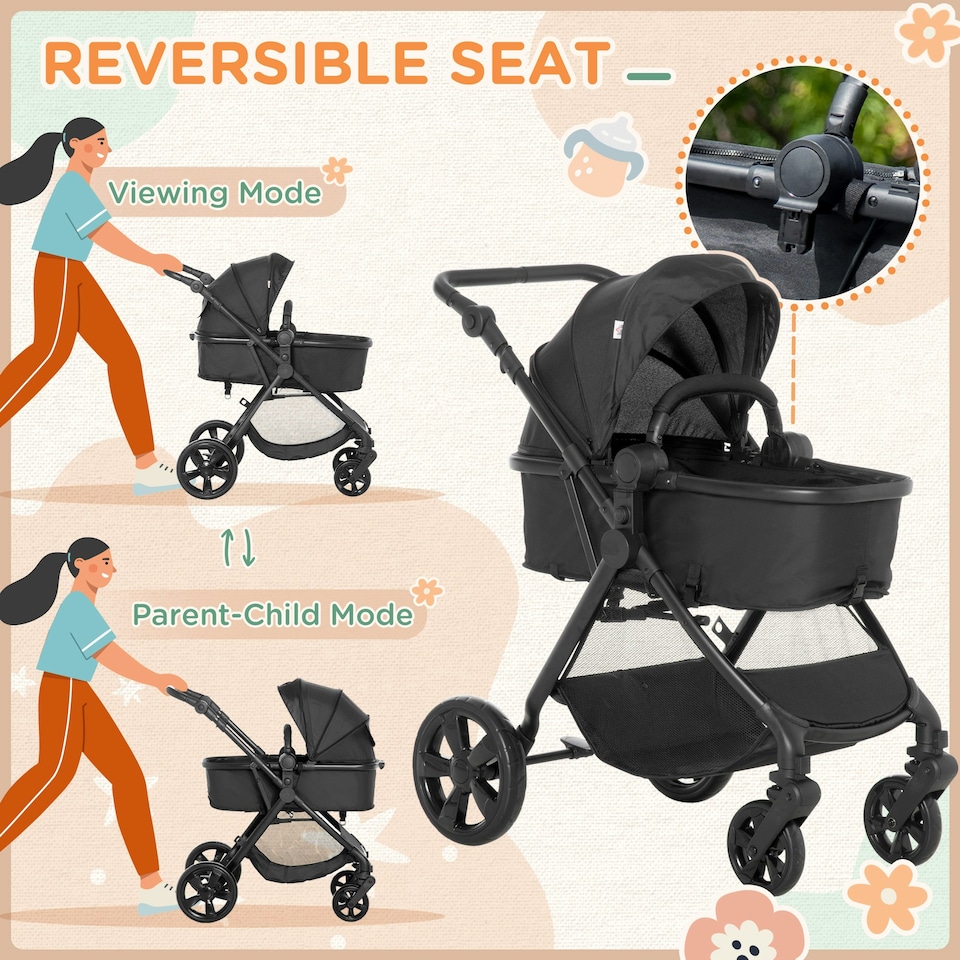 image 1 of HOMCOM 2 in 1 Pushchair Stroller w/ Reversible Seat Single Hand Foldable Black