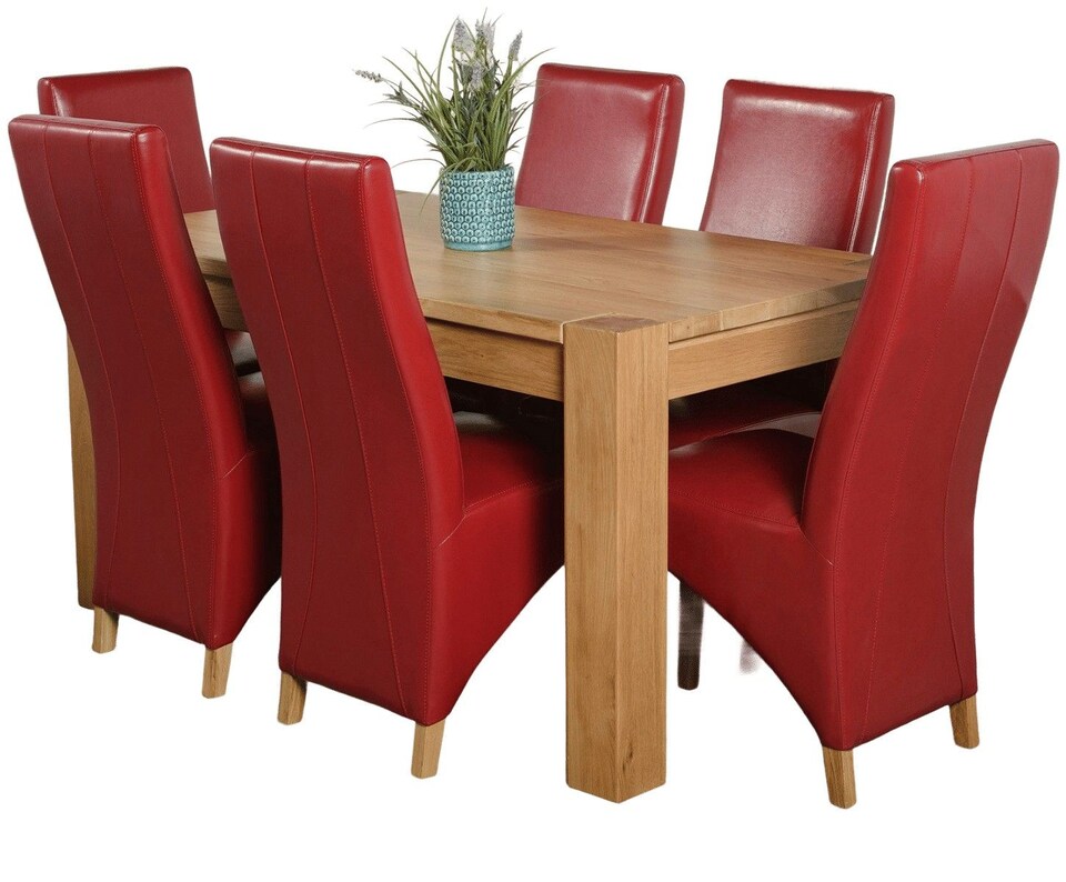 image 1 of Kuba 150 x 85 cm Chunky Medium Oak Dining Table and 6 Lola Leather Chairs | Red | Red