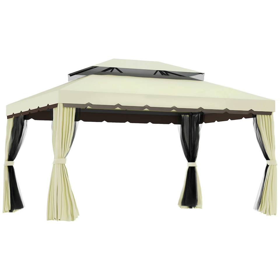image 1 of Outsunny 4 x 3 m Aluminum Garden Gazebo, Double Roof Outdoor Gazebo Canopy Shelter with Netting & Curtains for Garden, Lawn, Backyard and Deck, Cream