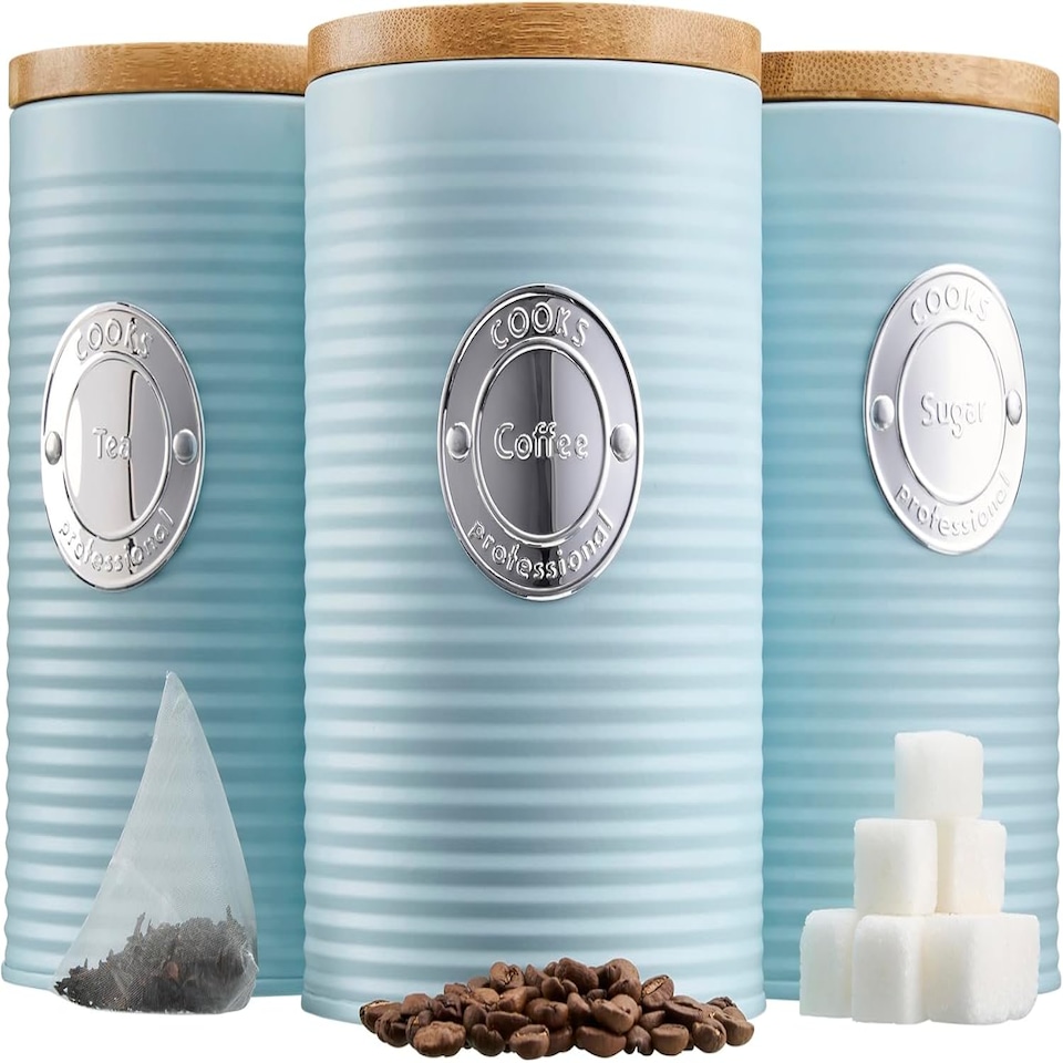 image 1 of Cooks Professional 3 Piece Ribbed Tea, Coffee, & Sugar Cannisters with Bamboo Lids | Blue | Blue & Silver