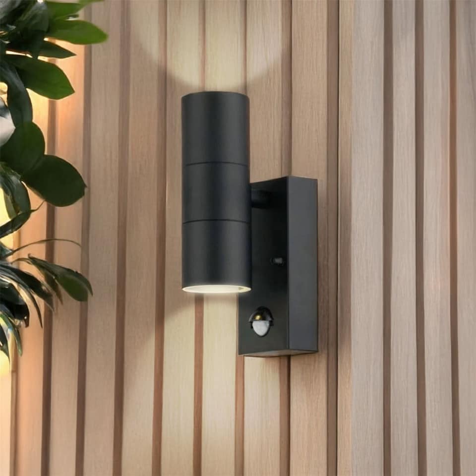 image 1 of Set of 2 Blaze - Black Outdoor Up Down Motion Sensor Wall Lights | Black | Clear | 2