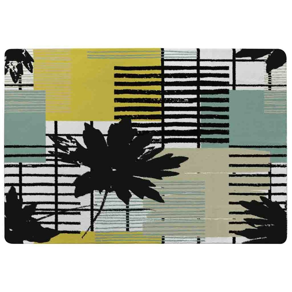 image 1 of Geometric Shape & Leaf Print in Yellow & Green (Rug) Yellow | Large: 140x200cm