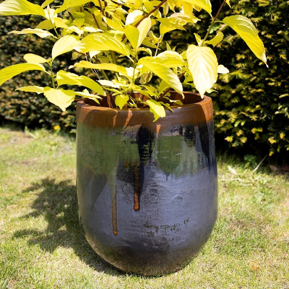 image 1 of Primrose Terracotta Tall Round Honey Pot Style Planter In Grey and Blue 42cm