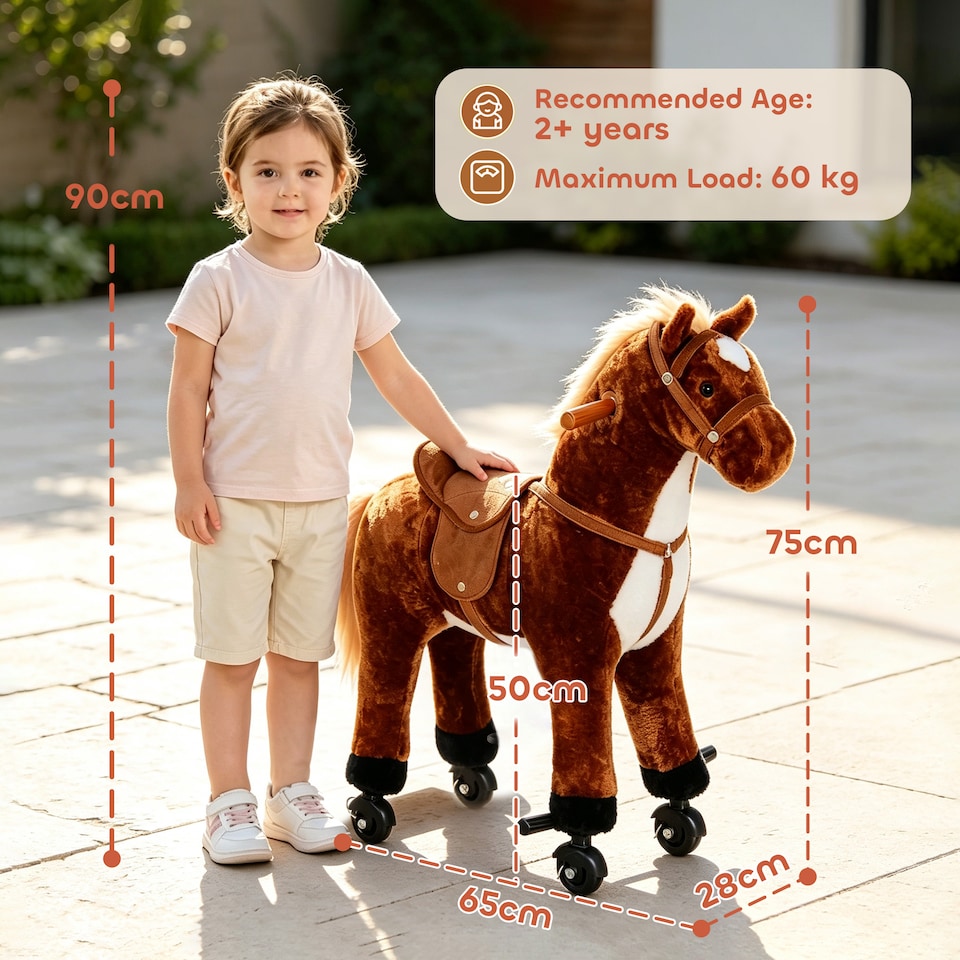 image 1 of HOMCOM Kids Walking Ride on Horse Toy Plush Walk Pony with Wheels Sound
