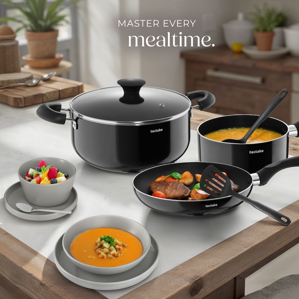 image 1 of Dinnerware Set for 6 People with Plates, Bowls, Utensils, Pots and Pans | Grey | grey/black | 39 pc | 1