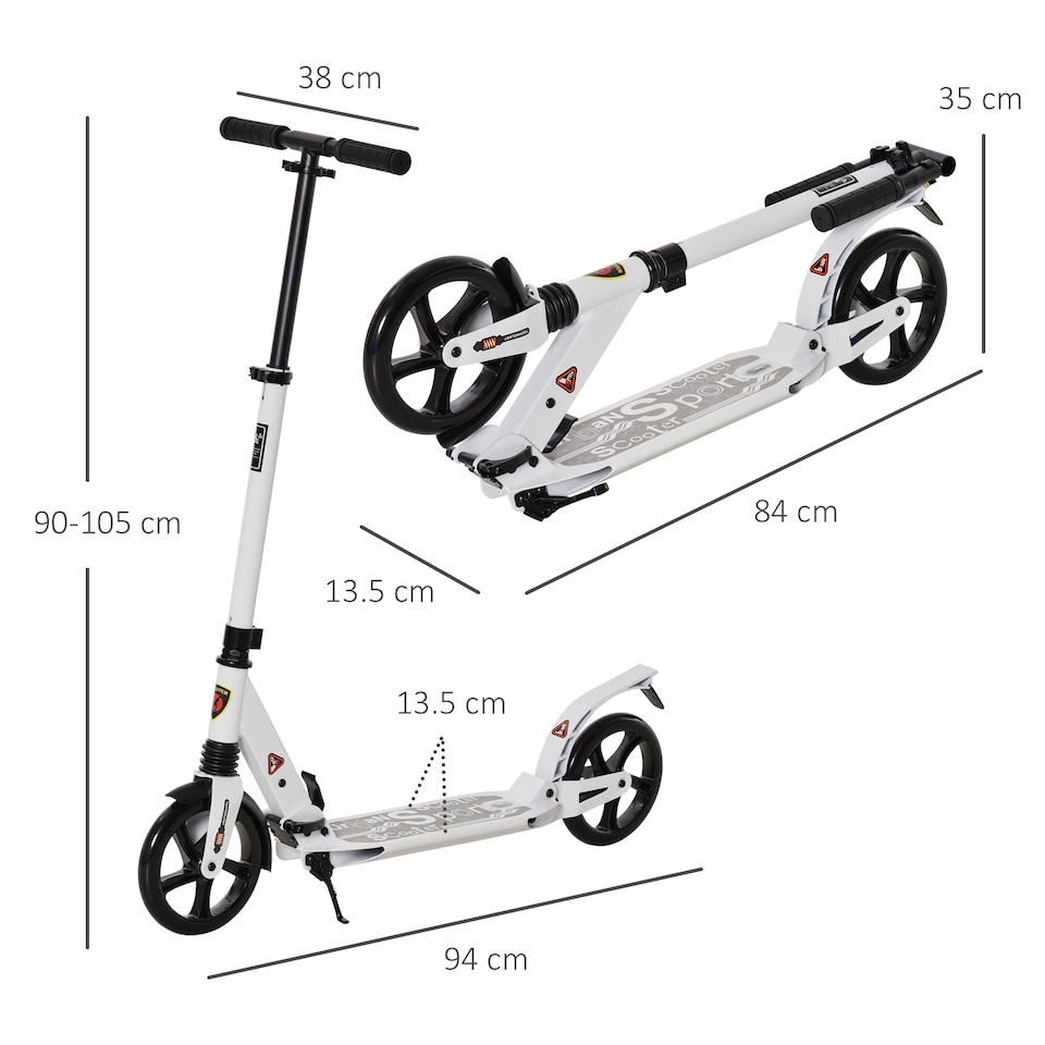 image 1 of HOMCOM Folding Kick Scooter, Adjustable Ride On Scooter with 200mm Big Wheels and Double Shock Absorption, Urban Scooter for 14 older Teens Adult, White