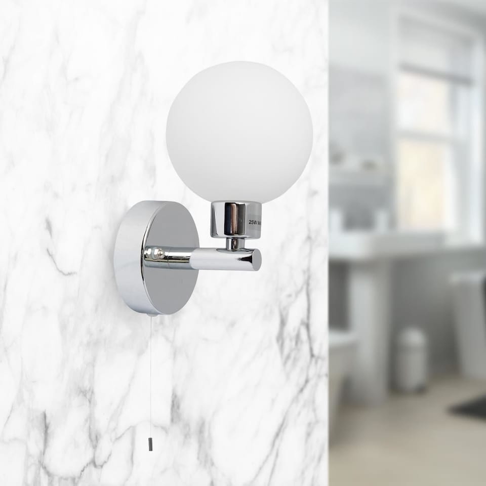 image 1 of Pair of Polished Chrome IP44 Bathroom Globe Wall Light With Pull Cord Switch | Chrome | 2