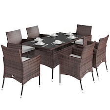 Outsunny Rattan Dining Set for 6 with Cushions, Glass Top Table, Brown